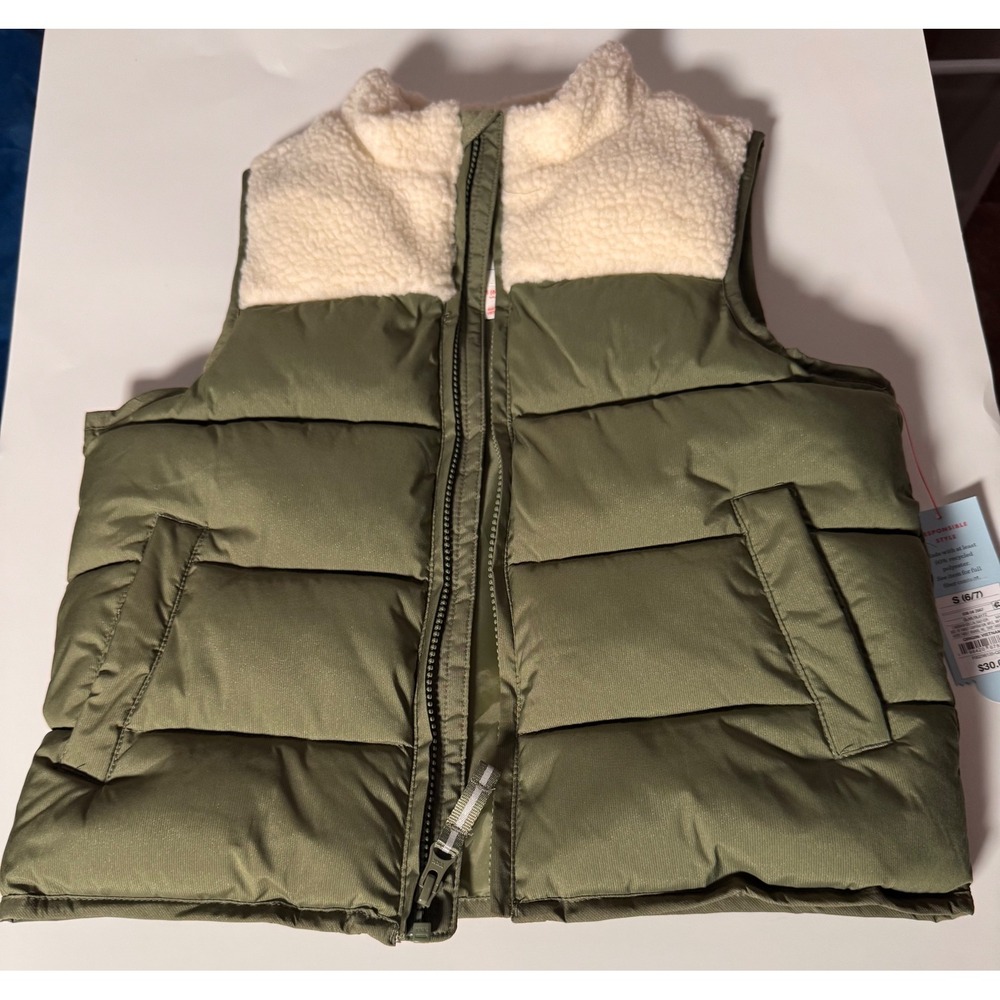 Cat & Jack Kids Olive Green Puffer Vest Sherpa Yoke Full Zip Size S 6/7 NWT